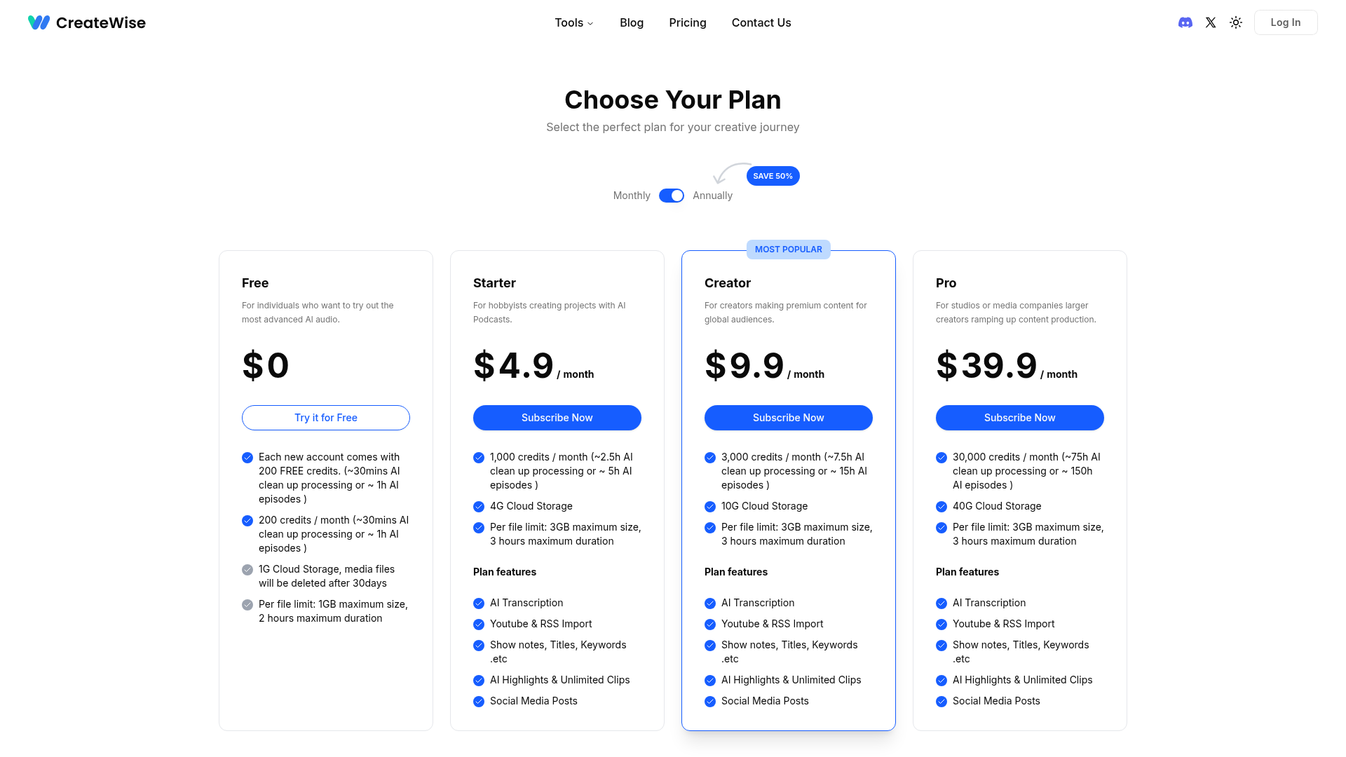 Tarifs CreateWise AI