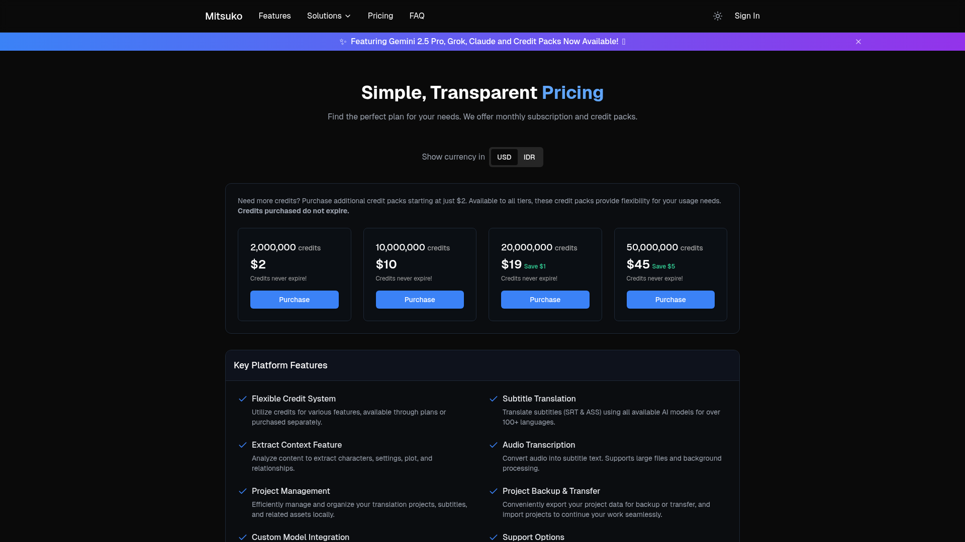 Mitsuko pricing page screenshot