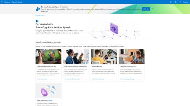 screenshot of Azure Speech Services