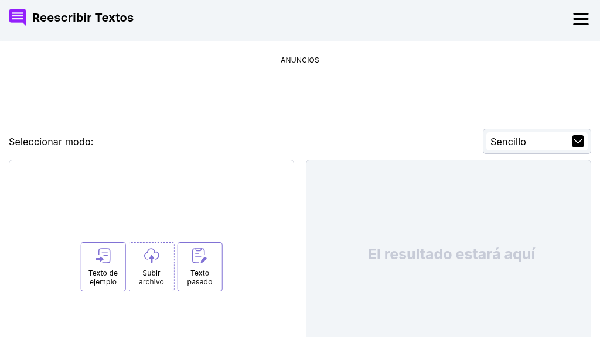 screenshot of Reescribir Textos
