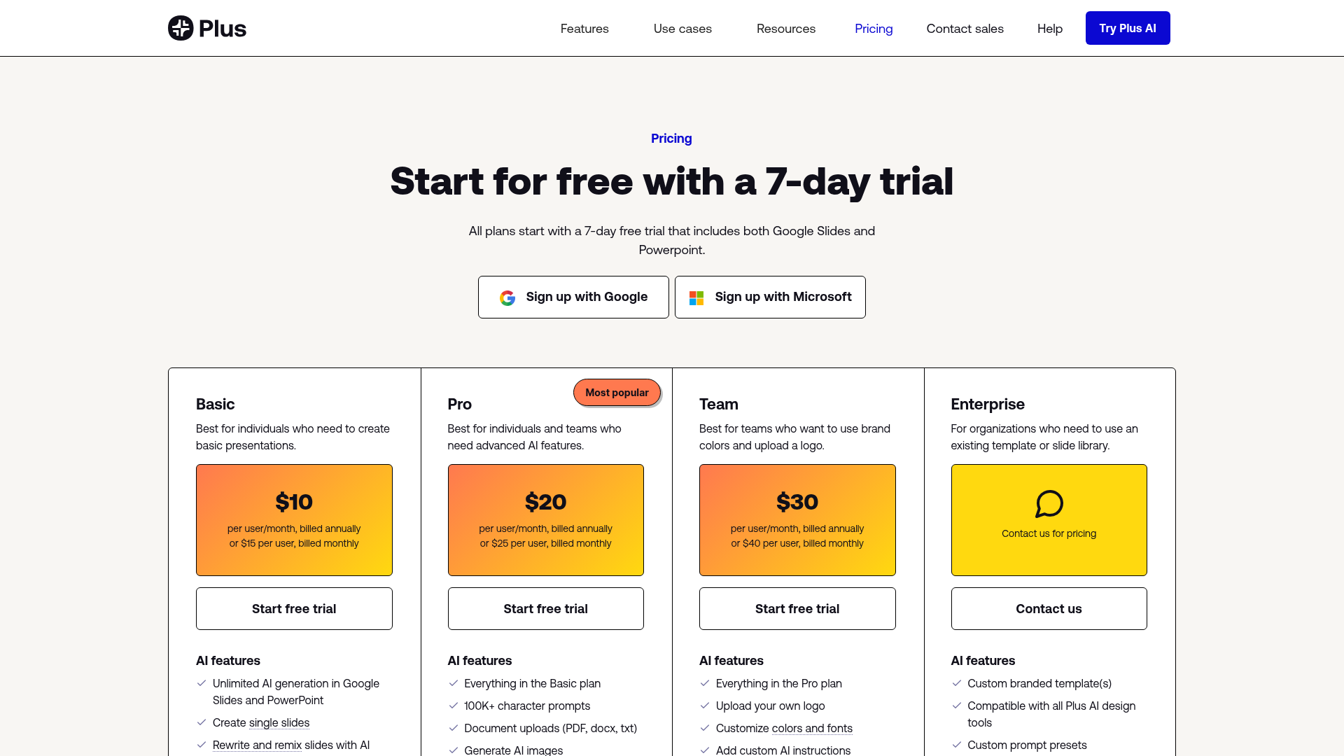 Page de tarification de Plus AI