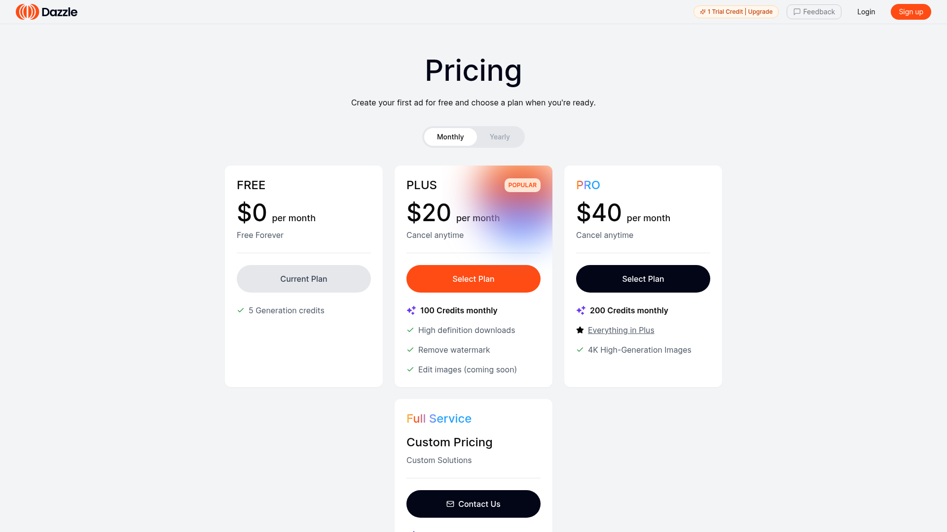 Dazzle pricing page