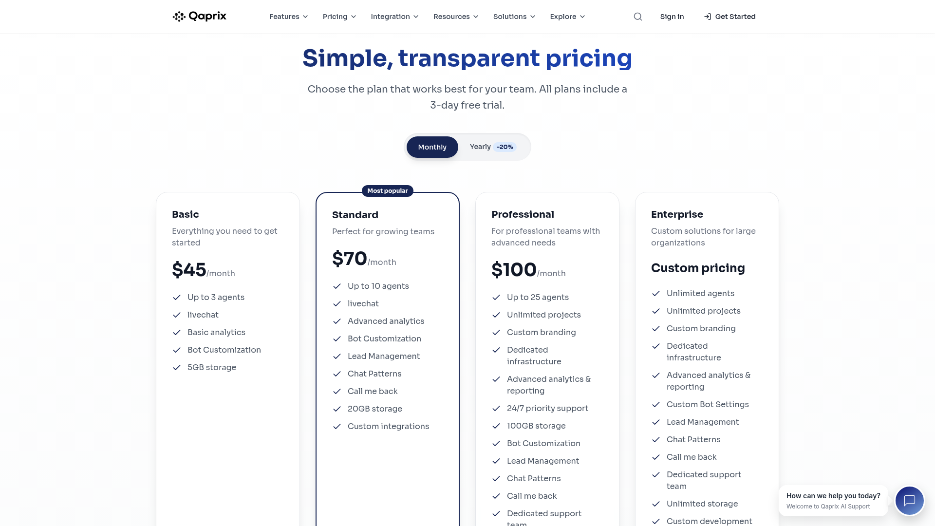 Qaprix Pricing Page